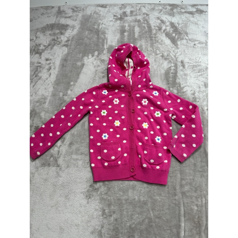 Gymboree Girls Hooded Sweater Size XS (3/4) Pink Daisies Button Up Polka Dot EUC